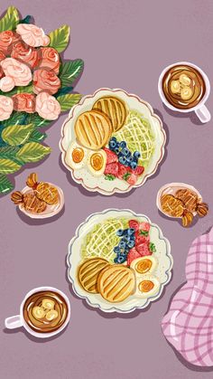 two plates of food and cups of coffee on a table with flowers in the background