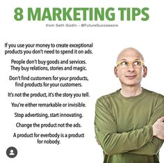 a man standing with his arms crossed in front of him and the words 8 marketing tips