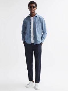 Reiss Denim Blue Pellow Long Sleeve Denim Overshirt Jean Button Up Shirt Outfit Men, Denim Overshirt Men Outfit, Outfit For Skinnies Men, Jeans Shirt Outfit Men, Airport Outfit For Men, Button Down Shirt Outfit Men, Look Casual Hombre, Denim On Denim Outfit Men, Austria Outfit