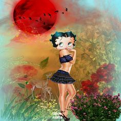 a digital painting of a woman with green hair and blue eyes standing in front of flowers