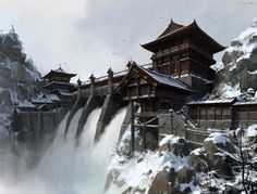 an artistic painting of a waterfall and some buildings in the snow with birds flying over it