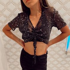 Never Worn Black And Shimmery Mesh Crop Top With Star Designs Black Sparkling Tops For Summer, Summer Sparkling Black Tops, Casual Silver Party Top, Silver Casual Top For Party, Casual Silver Top For Party, Black Glitter Tops For Summer, Mesh Crop Top, Star Designs, Wearing Black