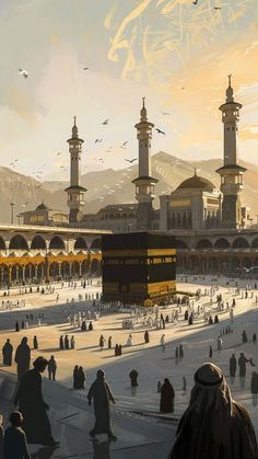 an artistic painting of people walking around the ka'bah