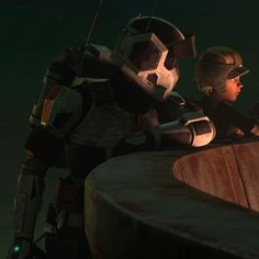 the animated character is sitting on top of a wooden barrel in front of another character