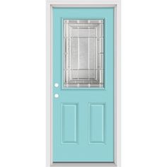 a blue door with a glass paneled in to the front and side panels on it