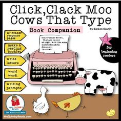 a book cover with an old typewriter and farm animals in front of the words click - clack moo cows that type