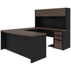 Bestar - Computer Desks - 93879000052 - Connexion is a contemporary and durable collection that features a wide variety of configuration options that will adapt to your specific needs. The U-shaped desk with pedestal and hutch can be built to fit your needs.Finish: Antigua and Black; Material: High-density Commercial Grade Particle Board and Melamine; Durable 1"" commercial grade work surface with melamine finish that resists scratches, stains, and wears; Grommets and a rubber strip are available on the station for efficient wire management; The hutch offers two flip-up doors, large closed storage space, efficient wire management, and two large paper shelves; The pedestal offers two utility drawers and one file drawer with letter/ legal filing system; The drawers and the keyboard shelf are Paper Shelves, L Shaped Desk With Hutch, Narrow Desk, Modular Office Furniture, Modular Office, Computer Desk With Hutch, Desk With Hutch, File Drawer, Desk Hutch