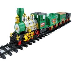 a toy train is shown on the tracks