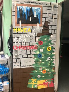 a decorated door with a christmas tree on it