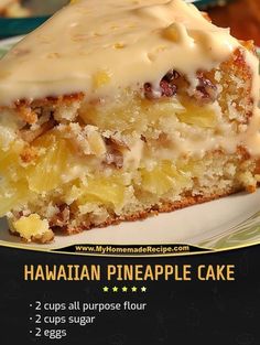 a piece of cake on a plate with the title hawaiian pineapple cake below it