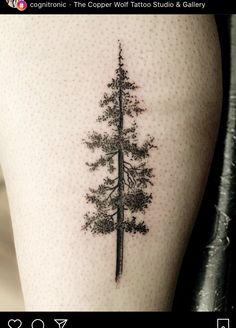 a small pine tree tattoo on the thigh