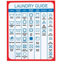 a red and white sign with instructions on how to use the laundry guide for washing clothes