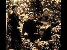 the beatles posing for a photo in front of some trees and bushes with their guitars