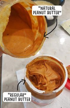 peanut butter is being poured into a bowl with the words'natural, peanut butter'above it