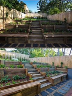 the steps are made out of wood and have plants growing on them