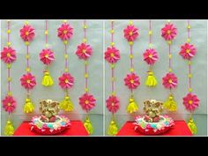 two pictures of pink and yellow decorations on a wall