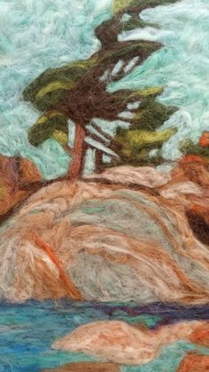 a painting of a tree on top of a rock in the ocean with water below