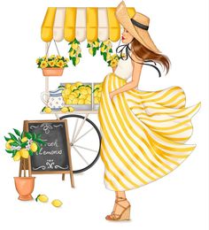 a woman standing next to a cart with lemons on it and a sign that says lemonade