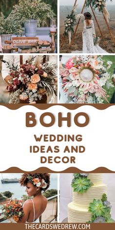 the boho wedding ideas and decor is featured in this postcard style photo collage