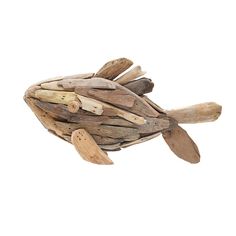 driftwood fish sculpture on white background with clippings to the bottom right side