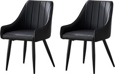 pair of black leather dining chairs with wooden legs and armrests, set of 2