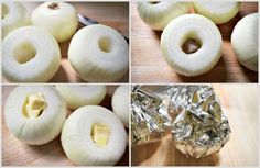 four pictures show onions being peeled and cut in half with the peels still attached