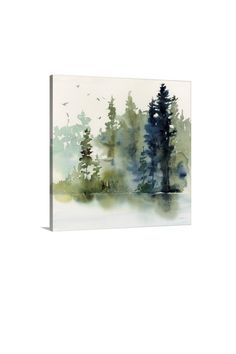 watercolor painting with trees and birds in the background