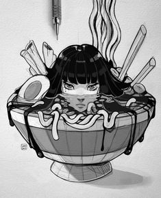 a drawing of a woman in a bowl with noodles and chopsticks on it