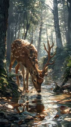 a painting of a deer drinking water from a stream in the woods with trees and rocks