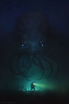 an image of a giant octopus in the dark with eyes glowing from it's head