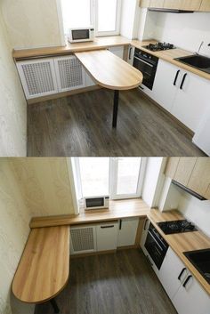 two pictures of a kitchen with wooden floors and white cabinets, one showing the countertop