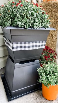 two planters with plants in them sitting on the ground