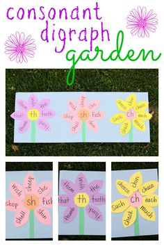 four pictures of flowers with words written on them and the words garden in different colors