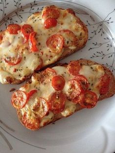 two slices of bread with cheese and tomatoes on them are sitting on a white plate