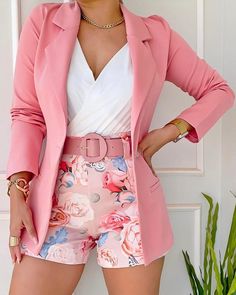 Blazer E Short, Blazer Casual, Elegant Blazers, Kehlani, Blazer Set, Blazer And Shorts, Long Sleeve Blazers, Floral Print Shorts, Casual Sets