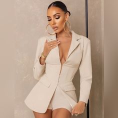 Nice Quality, Never Worn Tailored Beige Blazer For Party, Fitted Beige Party Blazer, Beige Fitted Party Blazer, Beige Fitted Blazer For Party, Corset With Blazer Outfit, Corset Blazer Outfit, Fitted Cream Blazer, Corset Fastening, Corset Suit