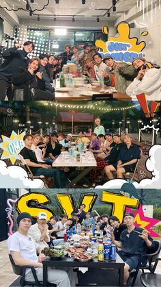 the collage shows people sitting around a table with food and drinks in front of them