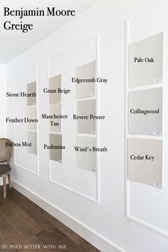 a white wall with several different types of paint on it and the words, benjamin moore greige