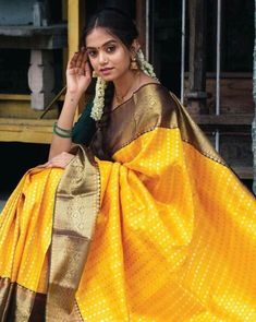 Description: Yellow bridal sarees #bride #bridal #Yellowsaree #indianwedding #wedding #bridalfashion #weddingsecrets #brides Haldi Wear, Lichi Silk Saree, Wedding Wear Saree, Designer Sarees Wedding, Embroidery Embellishments, Silk Design