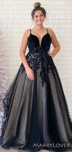 A-line Black Tulle Velvet Appliques Spaghetti Straps Long Evening Prom – MarryLover Dresses Winter Formal, Winter Formal Dress, Custom Prom Dress, Strap Dresses, Black Prom Dress, Black Prom, Black Tulle, Black Evening Dresses