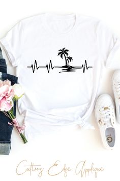 Love me some beach! This beach heartbeat svg is for the sun worshipper! Take a look at this cute Hot Chick: https://etsy.me/2LEdlfZ And this cool blue Water Baby: https://etsy.me/2t5BzKj Use this digital download to make cute t-shirts, wall art, bags, stickers and more. Use it as clip art for your scrapbook, cards or notebook. Apply it to t-shirts or bags using iron-on transfer paper from Walmart, Amazon or craft stores. Or cut this design with your cutting machine. This listing is for a digital Vacation Tshirts, T-shirt Print Design, Vacation Svg, Palm Trees Beach, Tshirt Printing Design, Vacay Outfits, Family Vacation Shirts, Cup Ideas, Shirt Print Design