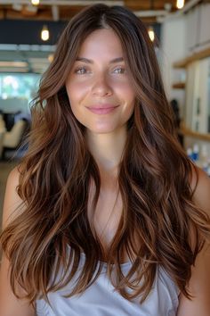 Woman with long, wavy brown hair smiling in a well-lit interior space. Lowlights On Brown Hair, Hair Color With Caramel Highlights, Wavy Hair Color, Blond Tones