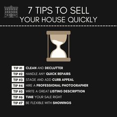 an hourglass with the words 7 tips to sell your house quickly in white text