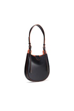 Matte black calfskin small saddle bag Amber contrast oil-edged and lining details Fold-over flap with magnetic closure Embossed logo Two leather straps of different lengths: a short one for side-shoulder, baguette-style carry and a long one for crossbody wear One bonus inner pouch, detachable with a chain -------------- Bag size: approximately 8” W x 7.5” H x 2.5” D (21 cm x 19 cm x 6 cm) One shorter adjustable leather strap drop: approximately 8.5" to 9.5" (22 cm to 24 cm) One longer adjustable Modern Black Leather Saddle Bag, Black Calf Leather Shoulder Bag With Leather Handles, Black Saddle Shoulder Bag With Leather Lining, Black Leather-lined Saddle Shoulder Bag, Leather Saddle Shoulder Bag For Evening, Leather Saddle Bag With Leather Handles For Work, Luxury Black Saddle Bag With Magnetic Closure, Black Leather Handles Saddle Crossbody Bag, Black Leather Handle Crossbody Saddle Bag