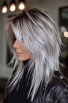 Grey Hair With White Money Piece, Sassy Hairstyles Long Hair, Dark With Platinum Highlights, Edgy Over 40 Hairstyles, Grey Long Hair Styles, Edgy Grey Hairstyles, Platinum Blonde Straight Hair, Gray Biolage Hair, Low Matienence Haircut Long Hair