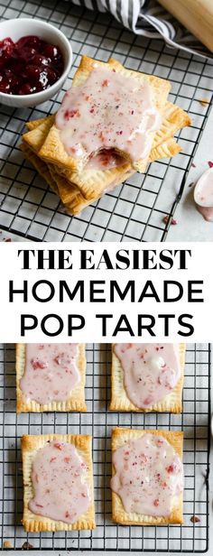 homemade pop tarts on a cooling rack with raspberry sauce in the background