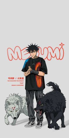 an anime character standing next to two black and white wolfs, with the words meow written on it