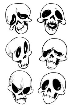 four skulls with different facial expressions and their faces are drawn in black ink on a white background