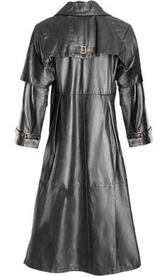 a women's black leather trench coat