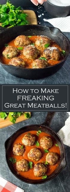 some meatballs are cooking in a skillet on a table with the words how to make